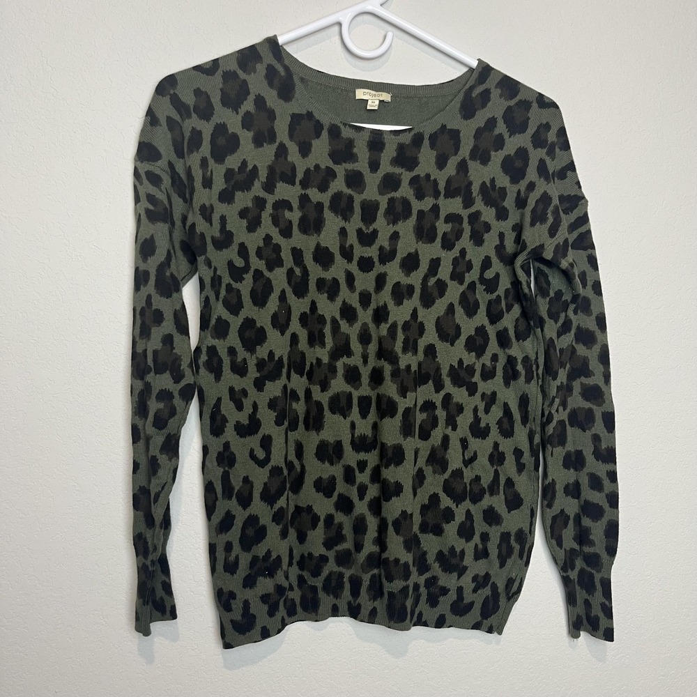 Project Sweater Womens XS Green Leopard Print Crewneck Long Sleeve Cashmere Knit